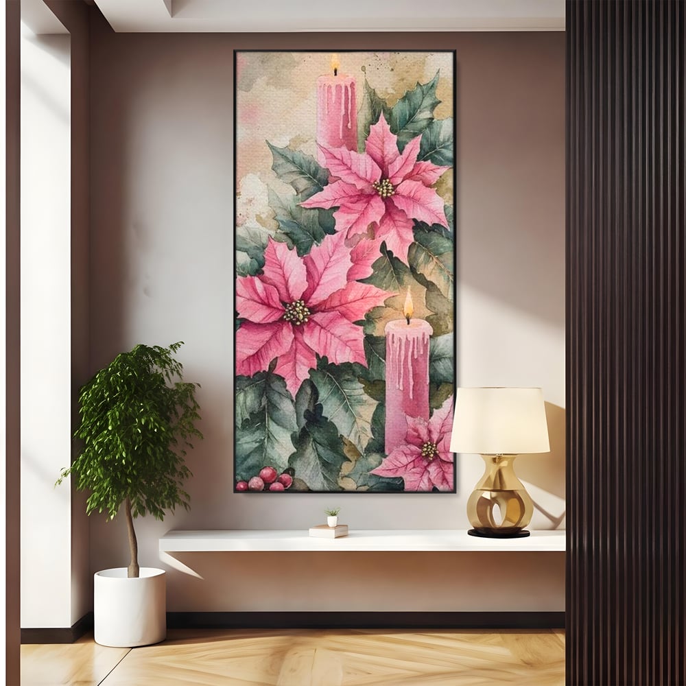 Tablou canvas cu tablou cu lumanari si flori poinsettia, in rama de aluminiu negru